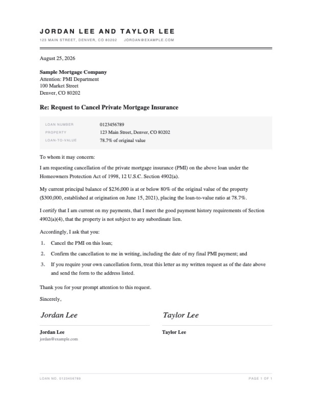 Sample personalized PMI cancellation request letter with borrower, lender, loan, and property details